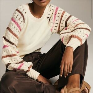 Anthropologie Dolan Pointelle striped Sweater Sz S cream pink brown knit sleeves
